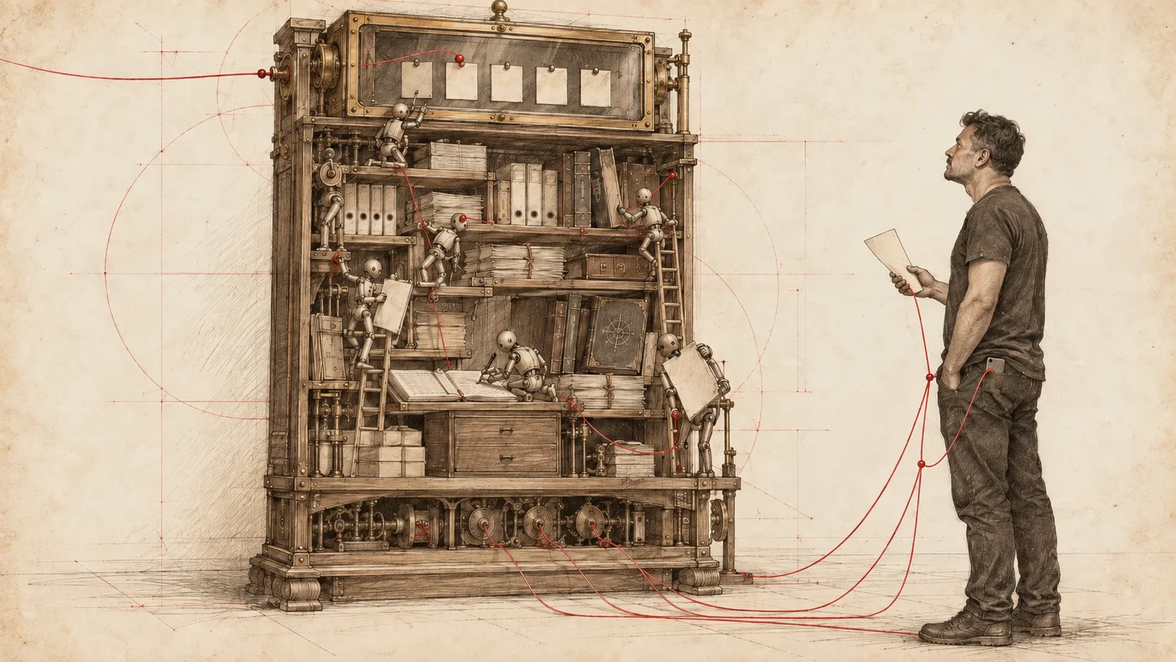 Hand-drawn illustration of a tall wooden cabinet-machine. At the top, a glass-fronted brass box holds five paper slips; a red thread from outside enters it and ends at one of them. Below, small robot-like agents climb ladders, write in ledgers and pull red threads between the shelves. Red threads leave the cabinet's base and run across the floor to Paulo, who stands to the right looking up at the cabinet, holding a blank sheet, a phone in his pocket.