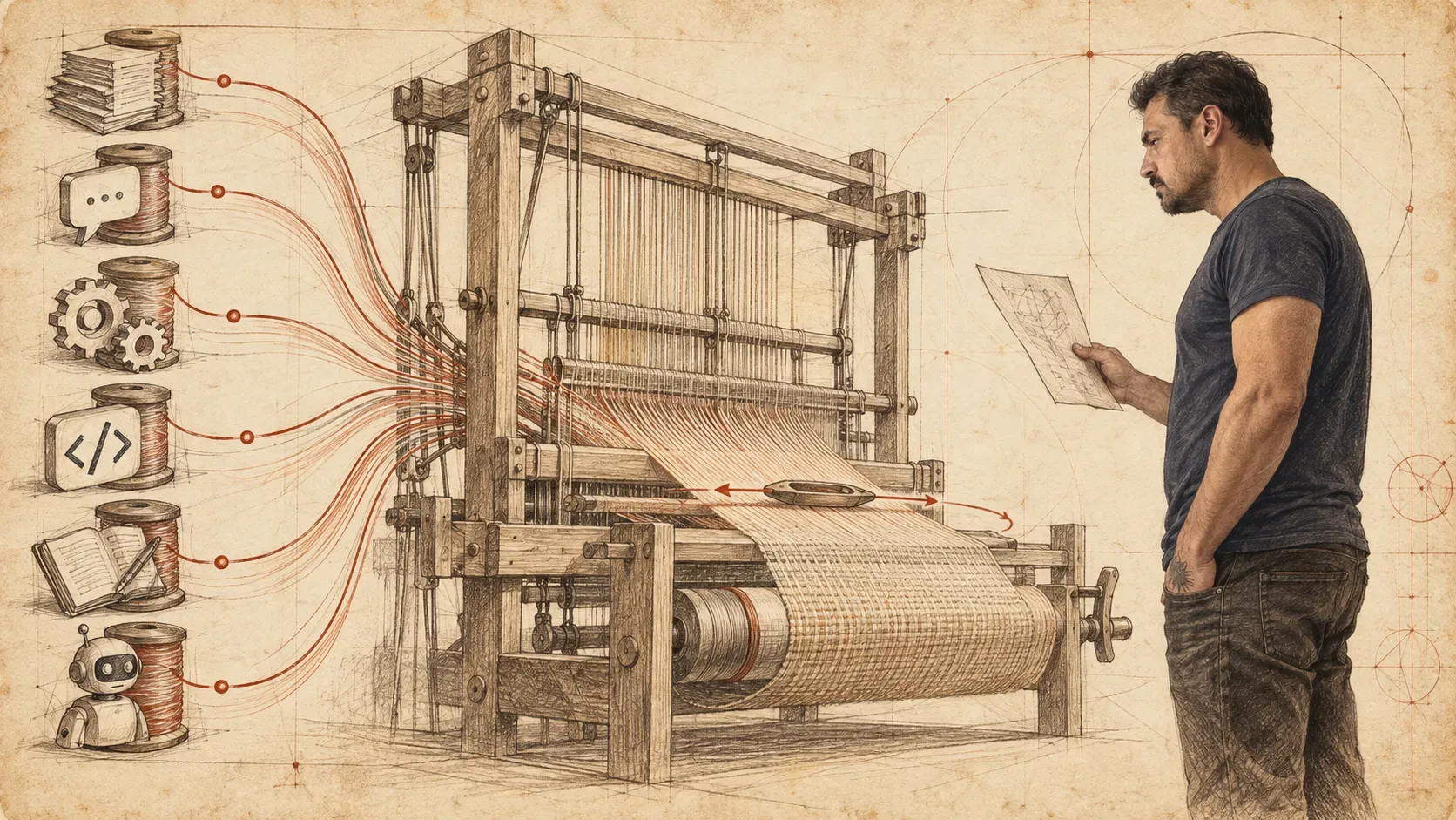 Hand-drawn illustration of a wooden loom weaving threads from separate spools (documents, conversations, gears, code, a ledger and an AI agent) into one continuous fabric, while Paulo stands a step back reading a single sheet of paper.
