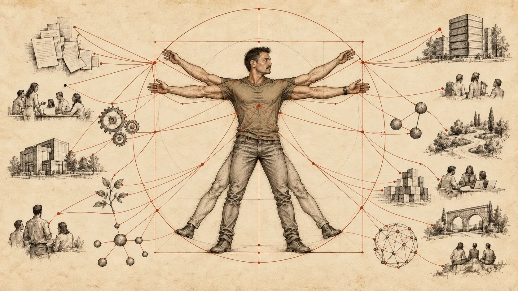 Vitruvian-inspired illustration of Paulo at the center of a network connecting people, documents and organizational systems.