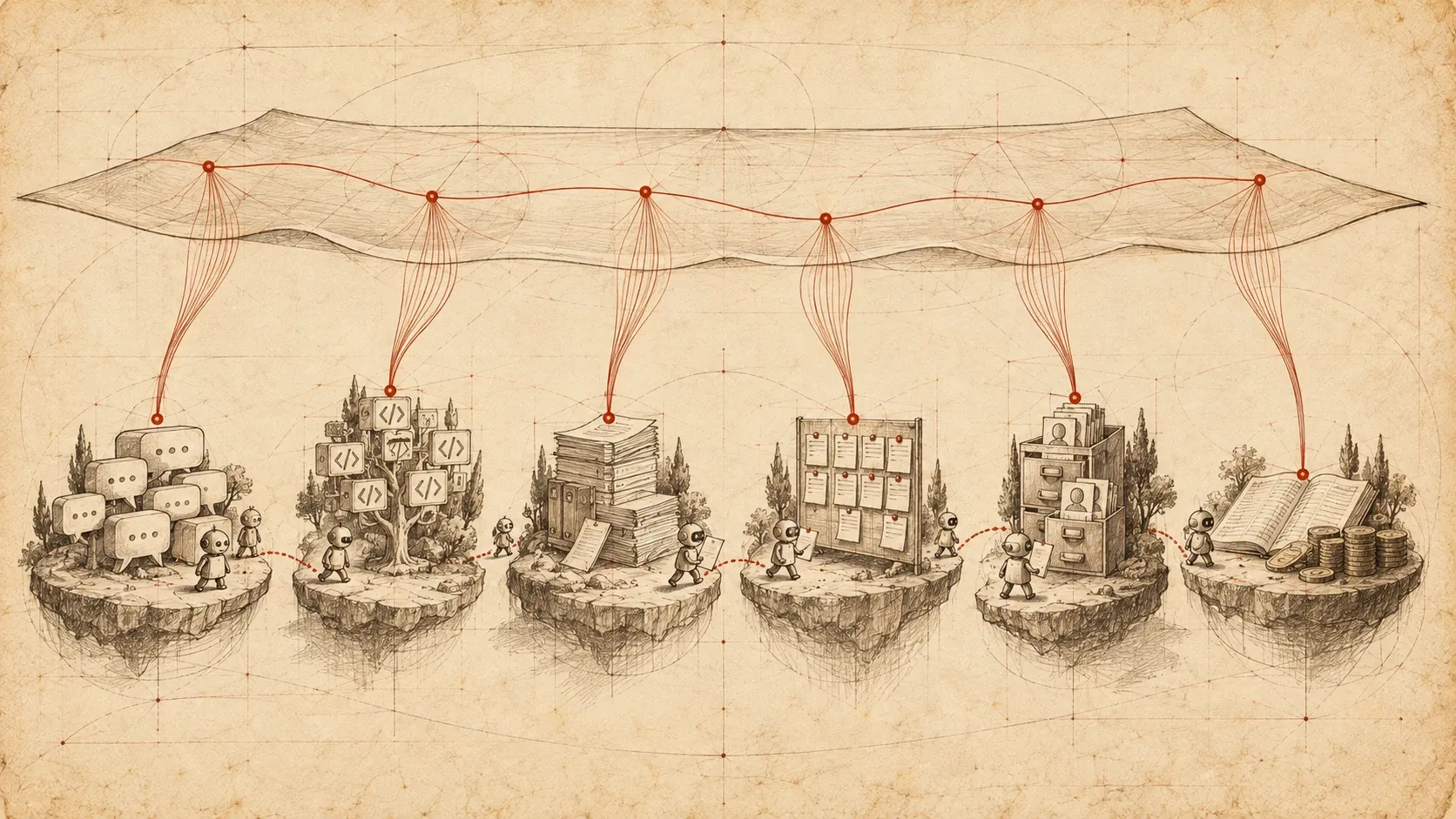 Hand-drawn illustration of six separate floating islands, each holding one kind of work: conversation bubbles, a tree of code, a stack of documents, a board of task cards, a cabinet of customer folders and a ledger with coins. Small agent figures walk between them. Above the islands floats a thin sheet of parchment, from which red threads drop to each island and join them into one line.