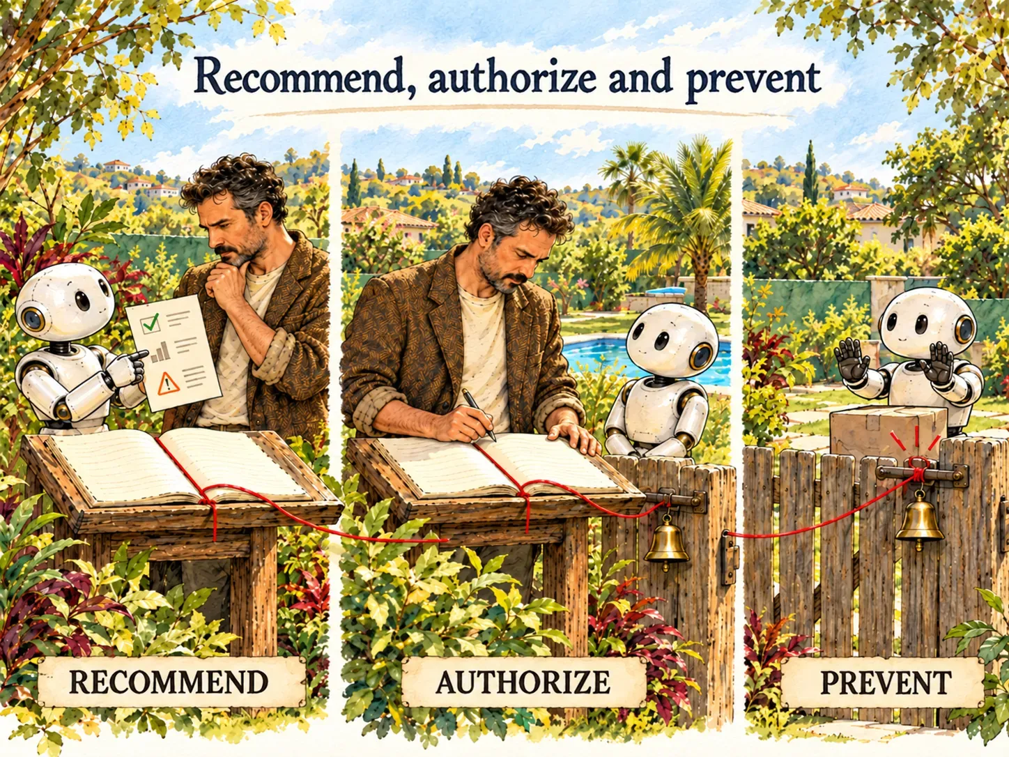 Watercolour illustration in three panels, in a garden, titled "Recommend, authorize and prevent". In the first, labelled Recommend, a small robot-like agent shows the founder a sheet with a tick, a chart and a warning sign, while he thinks, hand on chin, in front of an open book. In the second, labelled Authorize, the founder writes in the book while another agent waits by the gate. In the third, labelled Prevent, an agent raises its hands in front of a box resting on the gate, whose latch is tied by a red thread running from the book.