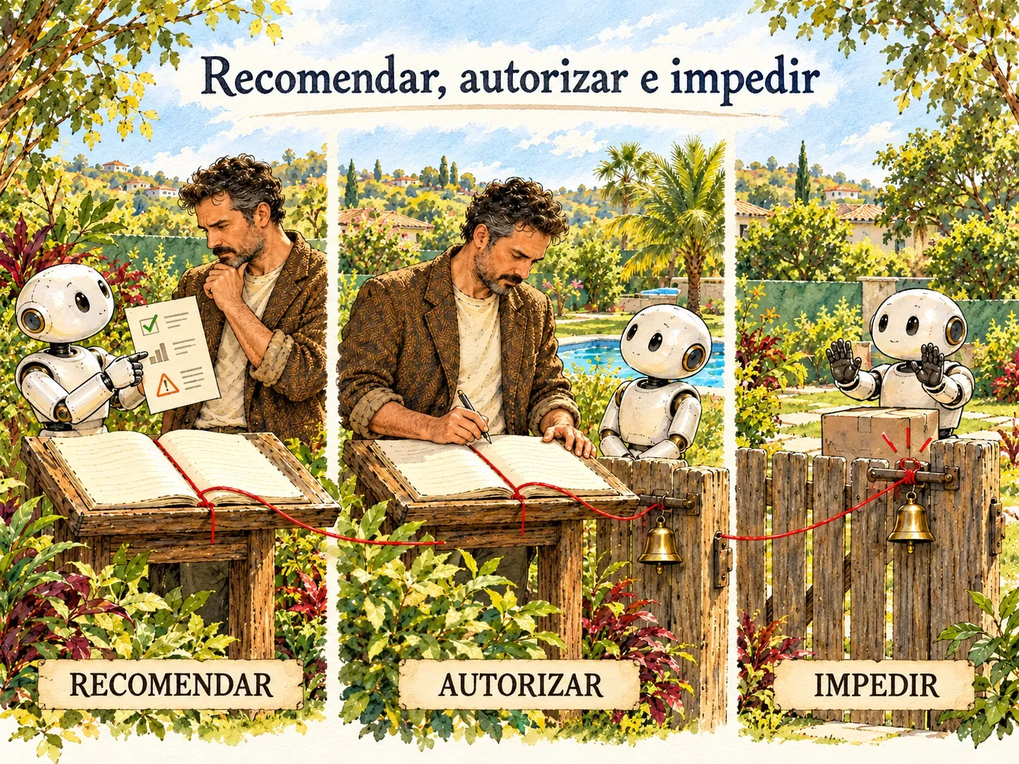Ilustração em aquarela em três painéis, num jardim, com o título "Recomendar, autorizar e impedir". No primeiro, rotulado Recomendar, um pequeno agente robótico mostra ao fundador uma folha com um visto, um gráfico e um sinal de alerta, e ele pensa com a mão no queixo diante de um livro aberto. No segundo, rotulado Autorizar, o fundador escreve no livro enquanto outro agente espera junto ao portão. No terceiro, rotulado Impedir, um agente ergue as mãos diante de uma caixa sobre o portão, cuja tranca está presa por um fio vermelho que vem do livro.