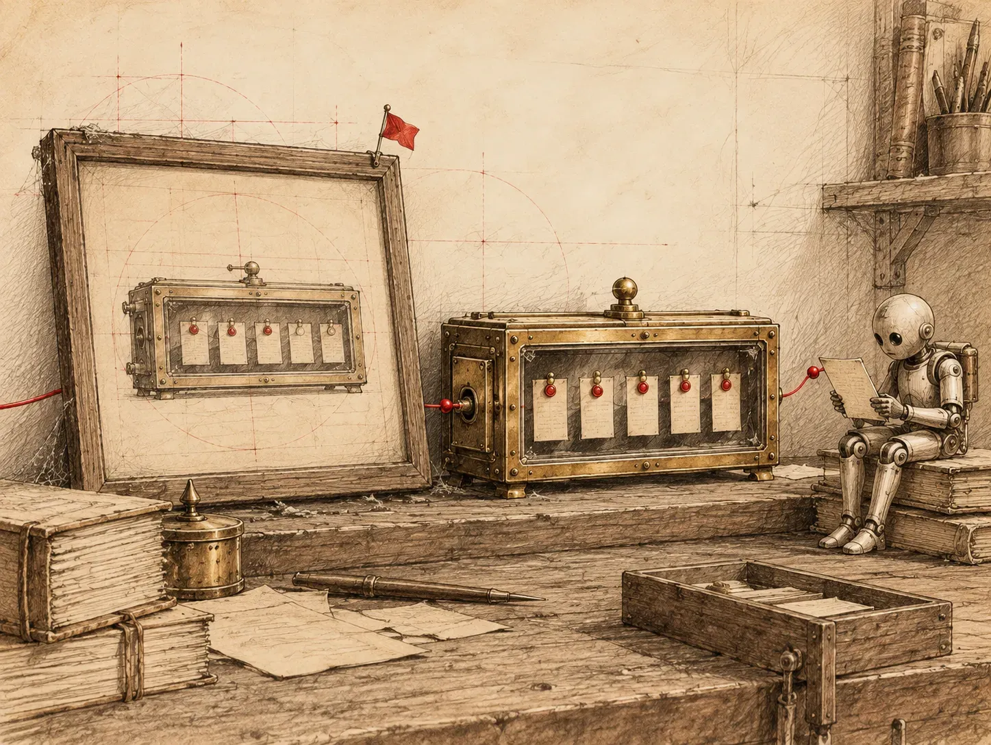 Hand-drawn illustration of a workbench. On the left, a framed drawing covered in dust and cobwebs, marked with a small red flag, shows a brass box with five paper slips and nothing connected to it. Beside it stands the real box with the same five slips; a red thread enters it through a slot on one side and leaves from the other toward a small robot-like agent, who sits on a stack of books reading a sheet of paper.