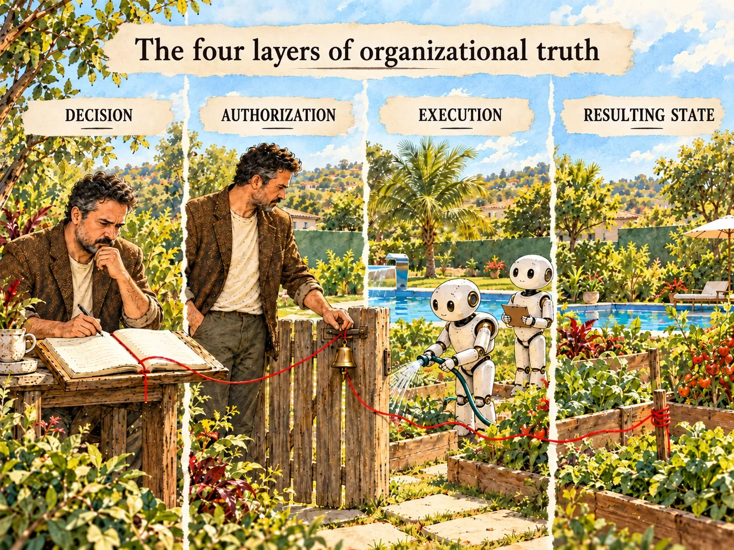 Watercolour illustration in four panels, in a garden, titled "The four layers of organizational truth". In Decision, the founder writes in an open book. In Authorization, he opens the latch of a gate with a bell. In Execution, a robot-like agent waters raised beds while another holds a clipboard. In Resulting state, the beds have grown beside the swimming pool. A red thread runs through all four panels, from the book to a stake among the beds.