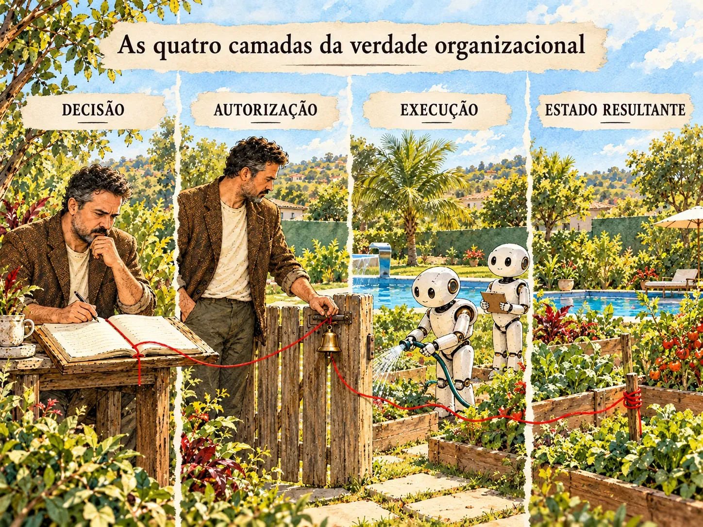 Ilustração em aquarela em quatro painéis, num jardim, com o título "As quatro camadas da verdade organizacional". Em Decisão, o fundador escreve num livro aberto. Em Autorização, ele abre a tranca de um portão com um sino. Em Execução, um agente robótico rega canteiros enquanto outro segura uma prancheta. Em Estado resultante, os canteiros aparecem crescidos junto à piscina. Um fio vermelho atravessa os quatro painéis, do livro até uma estaca entre os canteiros.