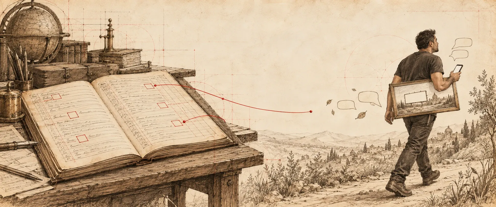Hand-drawn panorama. On the left, a large ledger lies open on a wooden table; on several of its lines a small empty square is outlined in red, and a red thread runs from the ledger to the right and stops in mid-air. On the right, Paulo walks away along a country path toward a distant town, looking at a phone.