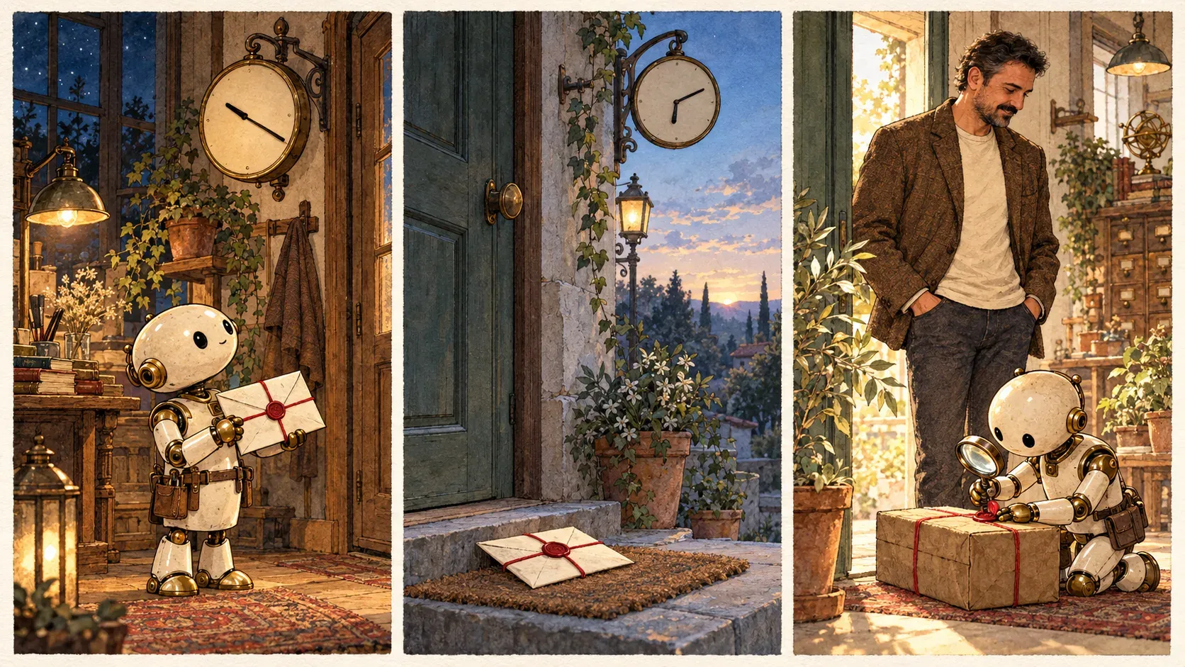 Tríptico desenhado à mão, da noite à manhã. Primeiro painel: à noite, um pequeno agente com aparência de robô segura um envelope lacrado, amarrado com fio vermelho, sob um grande relógio de parede sem números. Segundo painel: ao amanhecer, o mesmo envelope está fechado sobre o capacho, diante de uma porta verde fechada. Terceiro painel: na luz da manhã, um segundo agente, ajoelhado e com uma lupa, aplica um selo de cera vermelha num pacote amarrado com fio vermelho, enquanto um homem de blazer de tweed observa da porta.