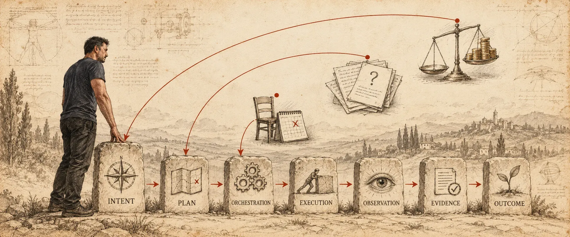 Hand-drawn diagram of seven stone markers in a row, labelled Intent, Plan, Orchestration, Execution, Observation, Evidence and Outcome, with small arrows pointing from Intent toward Outcome. A man stands at the left with his hand on the Intent stone. Above the path, three vignettes each send one red arc back to a stone: an empty chair with a crossed-out calendar page to Orchestration, a stack of interview notes with a question mark to Plan, and a balance scale tipping toward coins, by the longest arc, to Intent. No arc returns to Observation.