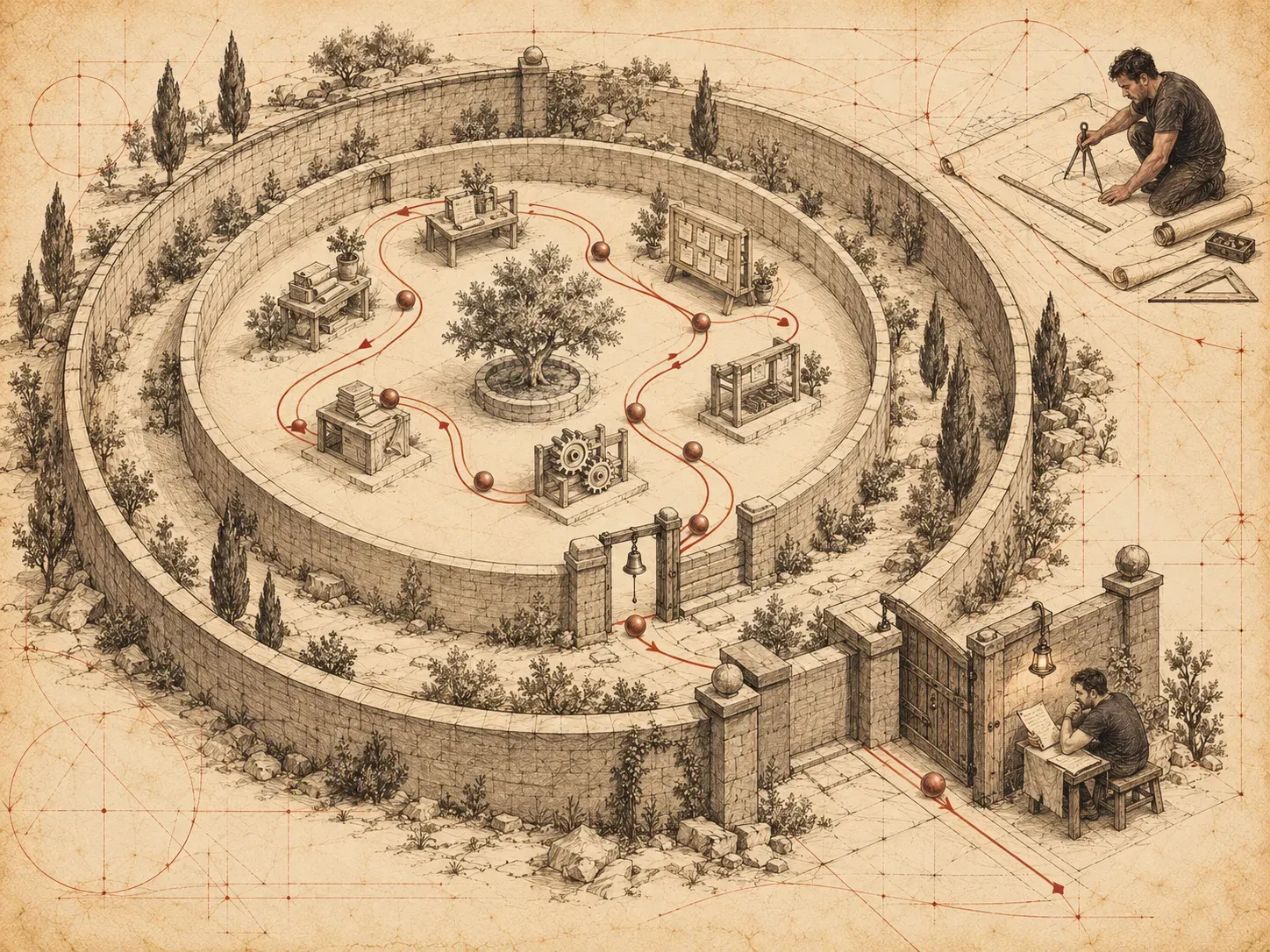 Hand-drawn plan of a walled garden with three concentric boundaries. In the open inner area, red marbles roll along grooves between work stations without anyone touching them. At a low gate with a bell in the middle ring, one marble waits. At the heavier outer gate, a seated man reads a document before letting it through. Outside the walls, a man kneels over a large sheet, drawing the boundaries with a compass and ruler.