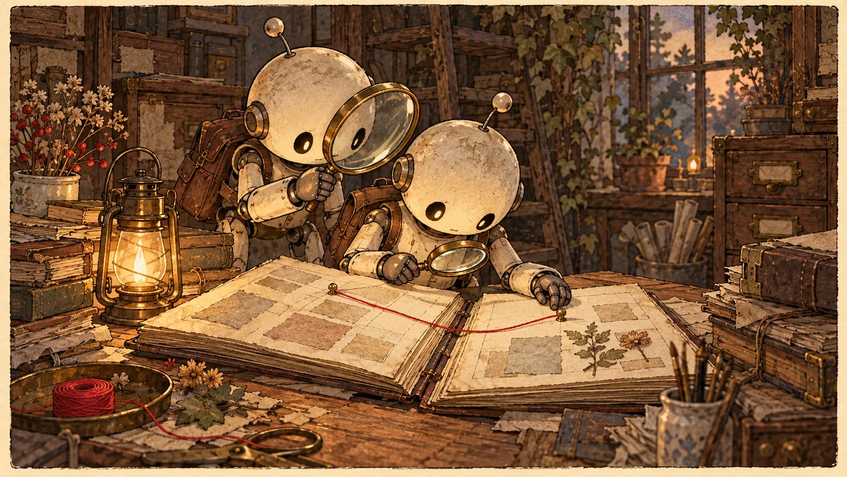 Ilustração desenhada à mão de dois pequenos agentes com aparência de robô junto a uma mesa. Um deles se debruça sobre um livro de registros aberto, com uma lupa, seguindo um fio vermelho que liga dois alfinetes em páginas opostas. O outro está atrás dele e segura uma lupa maior por cima do seu ombro.