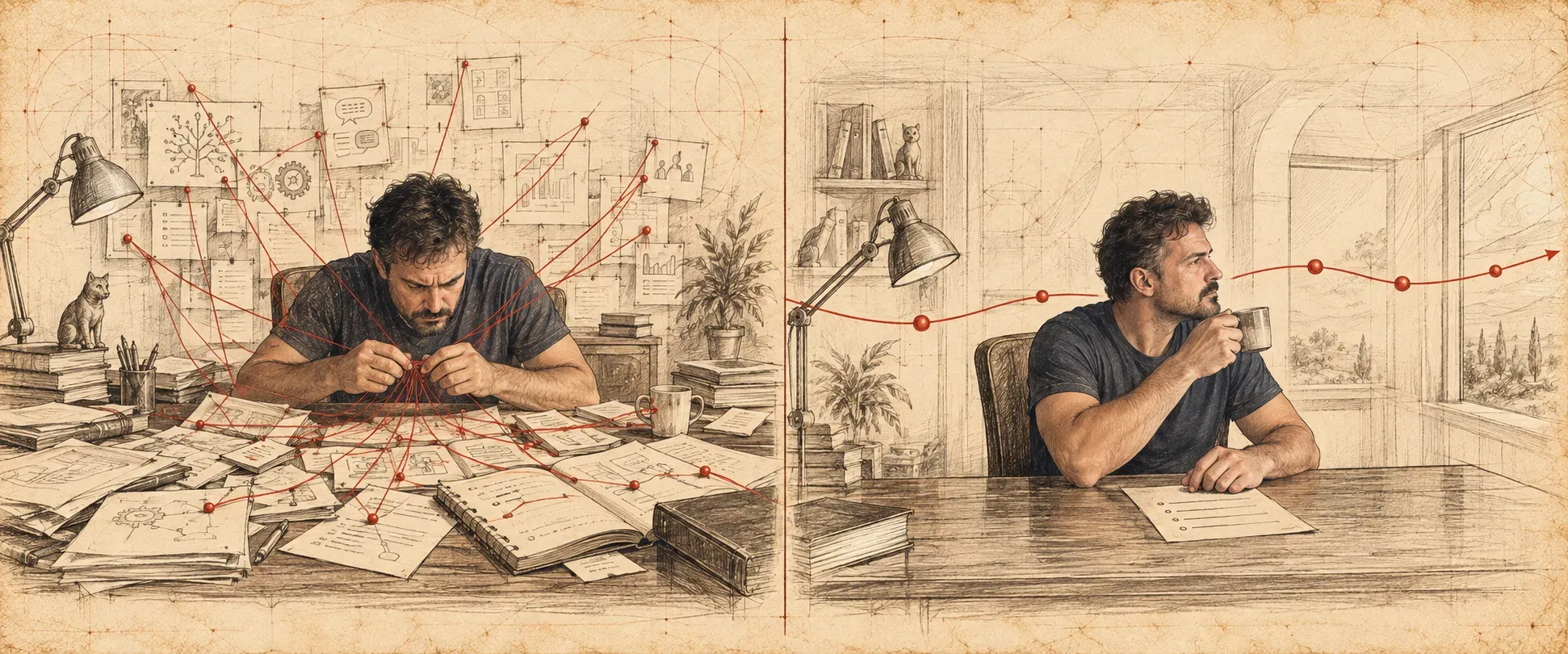 Hand-drawn diptych of the same man at the same desk. On the left, he hunches over a desk covered in loose papers, notebooks and pinned notes, tying together by hand the red threads that run from every sheet to his fingers. On the right, the desk is clear except for one short sheet with a few lines; he sits back with a cup of coffee, looking out of the window, while a single red thread with small nodes runs past him without touching his hands.