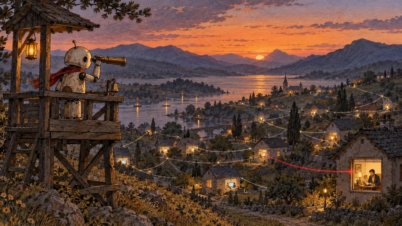 Paisagem desenhada à mão ao pôr do sol. Numa torre de vigia de madeira, uma sentinela com aparência de robô, de cachecol vermelho, olha por uma luneta de latão, com um pequeno sino ao lado. Lá embaixo, uma aldeia de casas com telas acesas nas janelas está ligada por fios claros; um fio vermelho segue até uma janela iluminada em primeiro plano, onde um homem lê sentado a uma mesa.