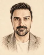 Pencil-sketch portrait of Paulo R. in a blazer over a light T-shirt.