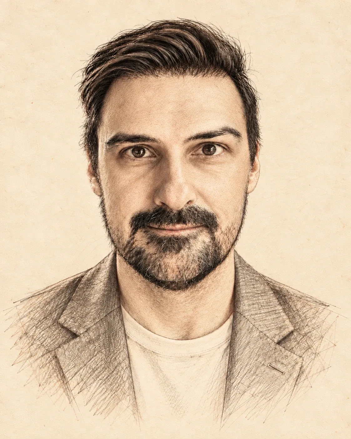 Pencil-sketch portrait of Paulo R. in a blazer over a light T-shirt.